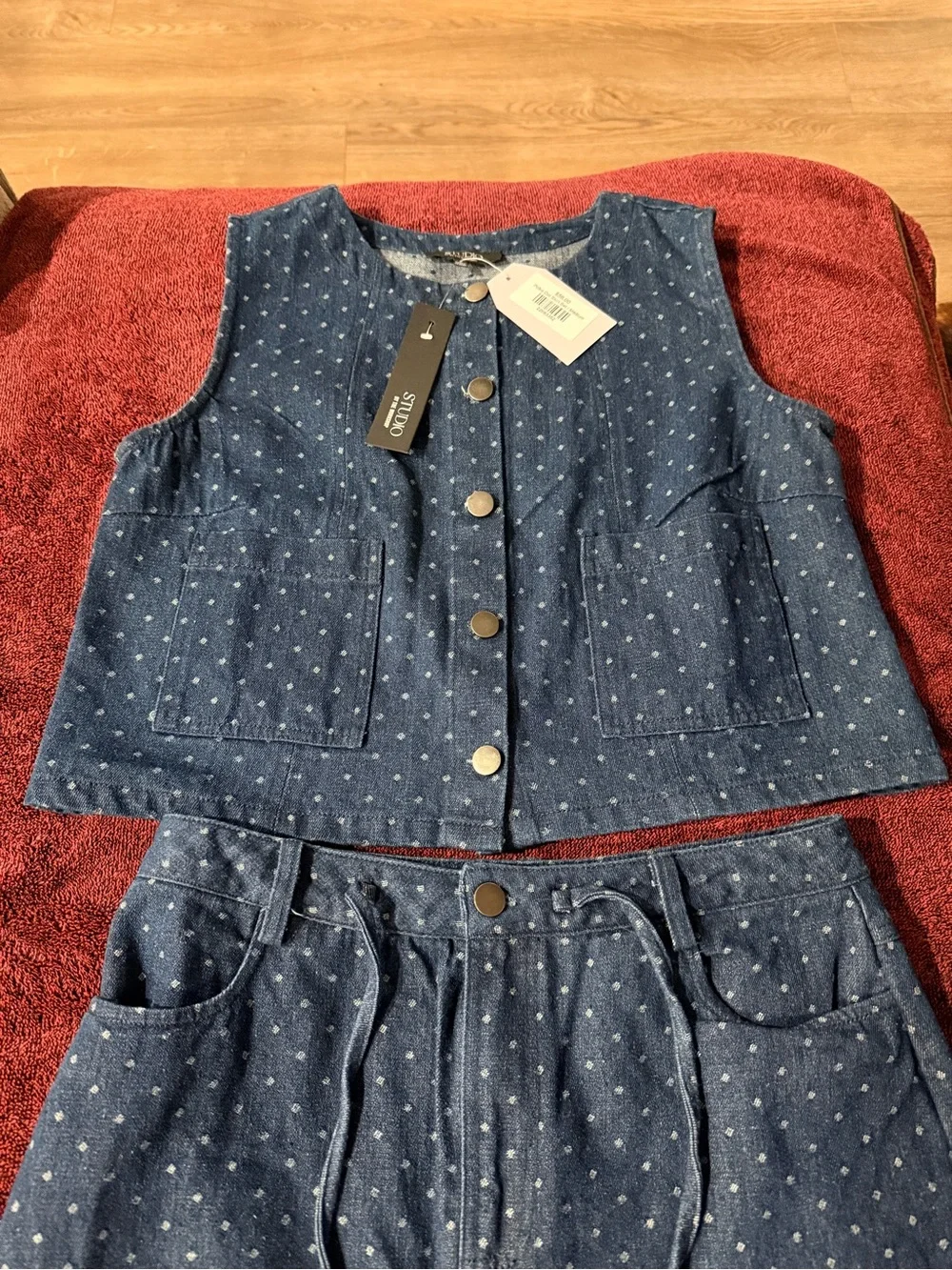 Studio by The Workshop Clothing Blue Polka Dot Denim Vest & A-Line Skirt Set